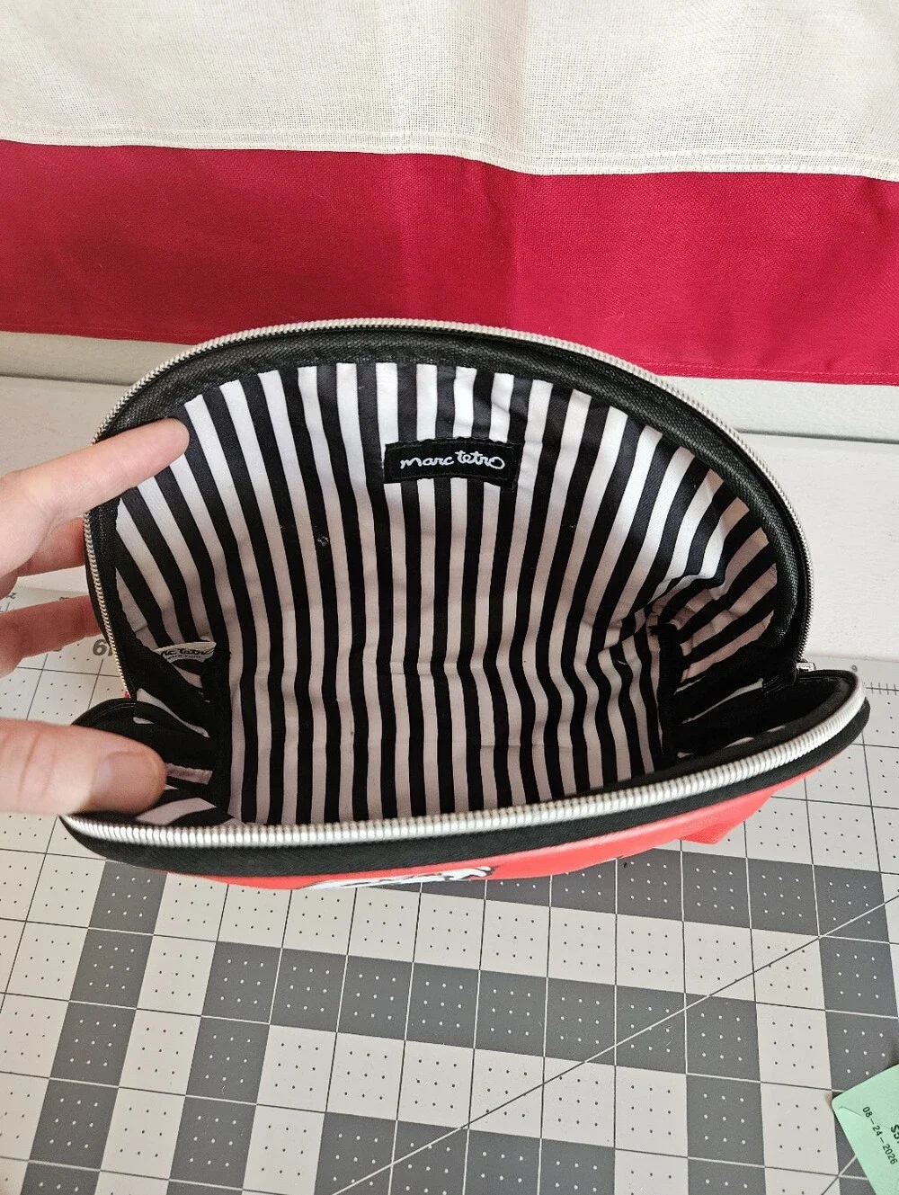 Marc Tetro cosmetic bag Red w terrier pup Stripes Dog